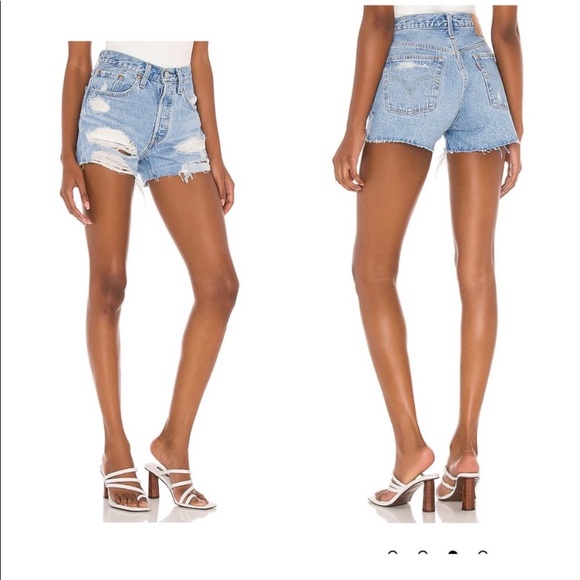 Levi’s Big E 501 Hi Rise Distressed, Destroyed Button-Fly Cut-Off Jean Shorts - Picture 7 of 15